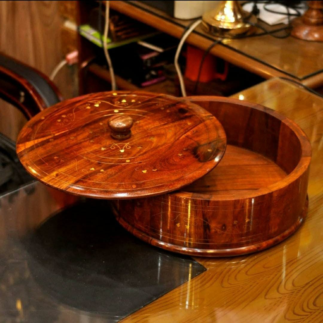 Wooden Hotpot with Brass work Hand Made Box with Stylish Wood Polish
