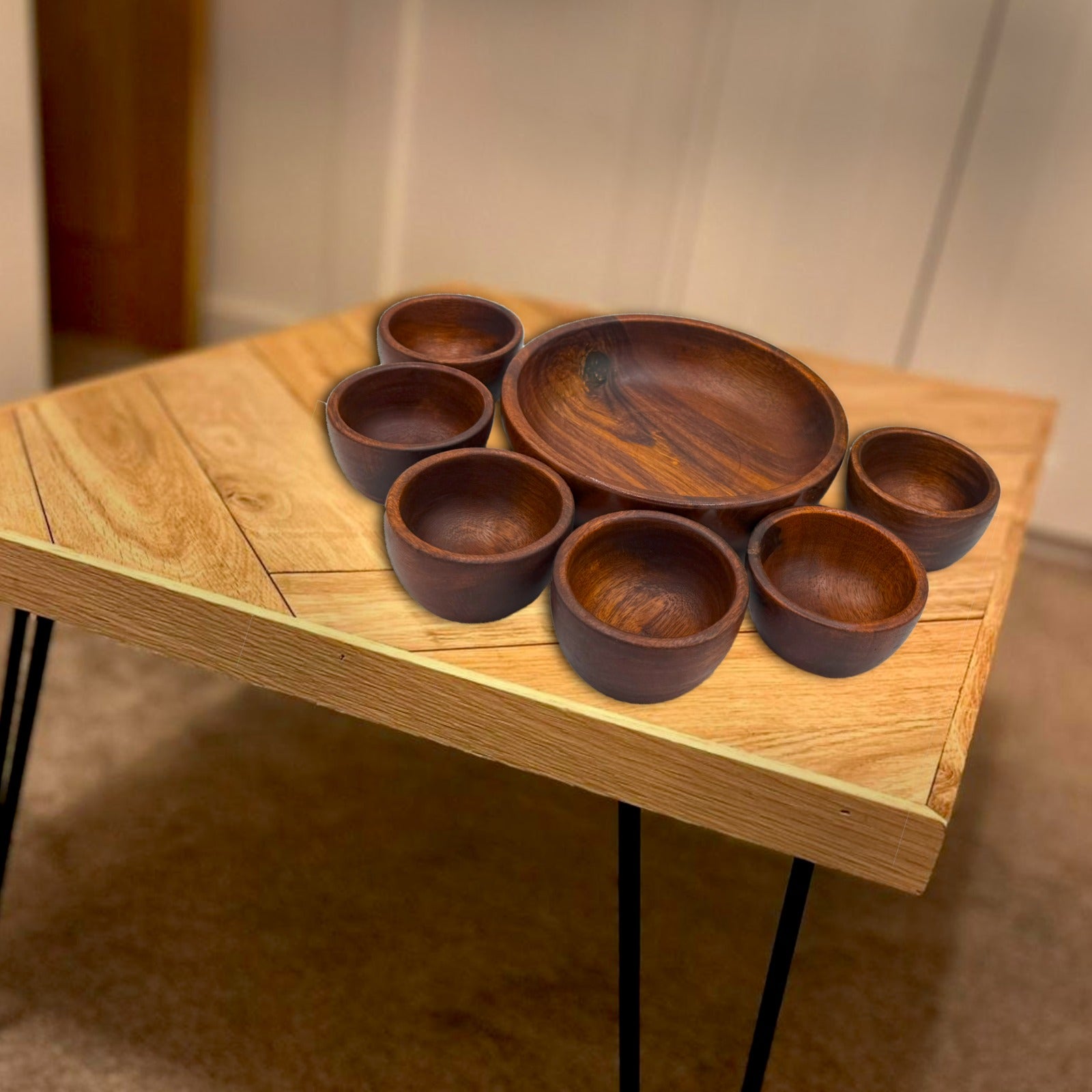 Handcrafted Wooden Bowl Set – 1 Large Serving Bowl with 6 Small Bowls