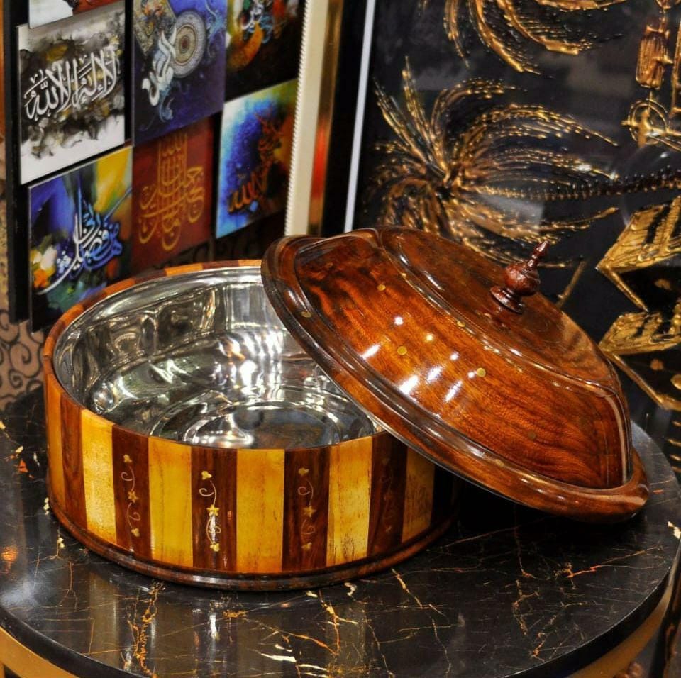 Handcrafted Wooden Hot Pot with Detachable Stainless Steel Bowl & Brass Accents